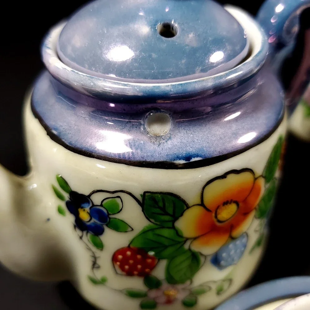 Vintage 1950s Japanese Lusterware Tea Set 17 pieces blue rim orange blue flowers